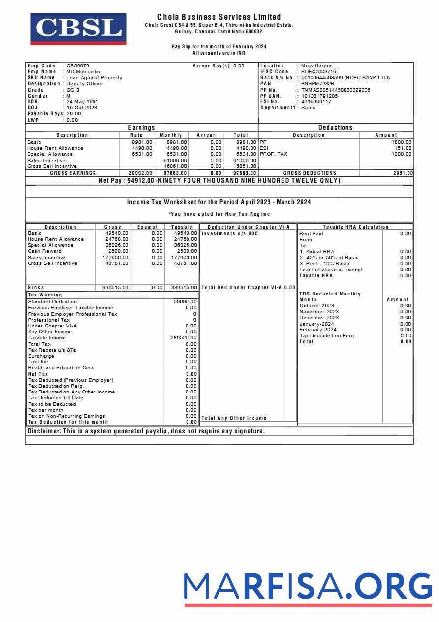 Downloadable Chola Business Services payslip download for verification